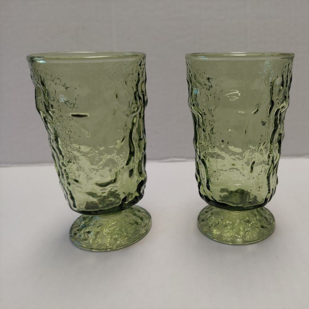 Set of 2 Anchor Hocking Green Glass Crinkle Milano Pedestal Juice Glasses HTF